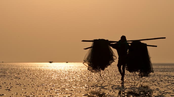 Spaziergang am Meer im Sonnenuntergang