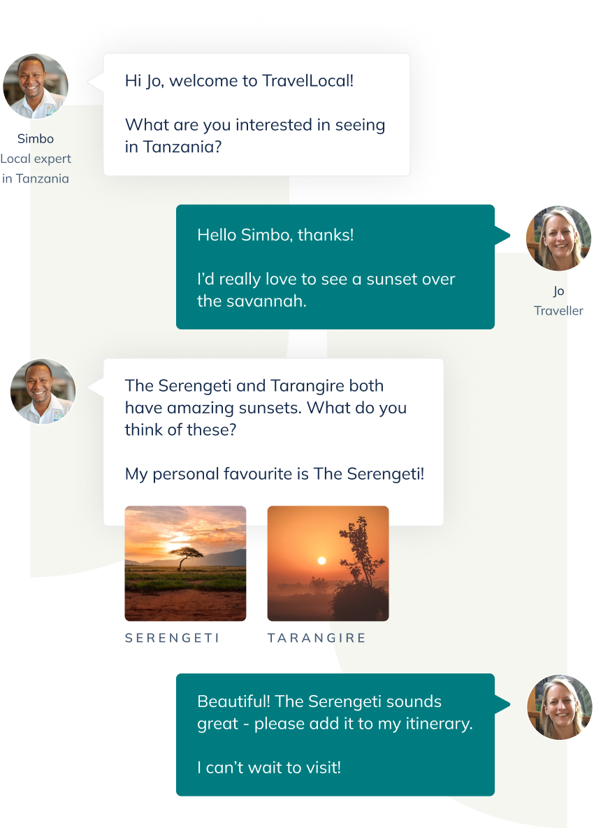 A example conversation between a traveller and one of our local experts in Tanzania. They're deciding where's best to see the sunset.